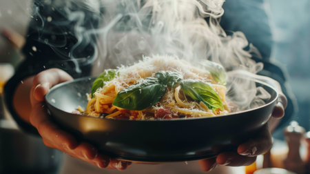 A person holding a pot with a steaming dish of pasta, garnished with fresh basil and Parmesan cheese.の素材