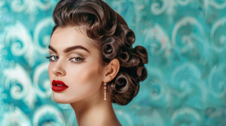 A person with a glamorous vintage hairstyle, such as victory rolls or finger waves, in a retro-themed setting.の素材