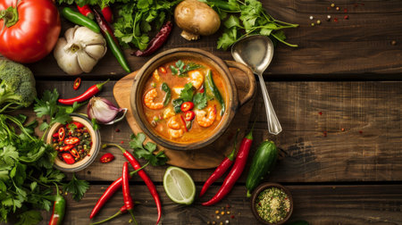 A rustic wooden table with a hot pot of Tom Yum Goong, surrounded by fresh vegetables, herbs, and chili peppers for an authentic look.の素材
