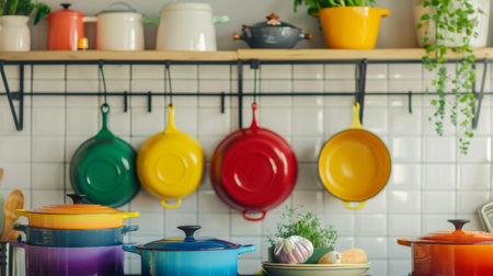 A set of colorful enamel-coated pots hanging from a rack in a bright and cheerful kitchen environment.の素材