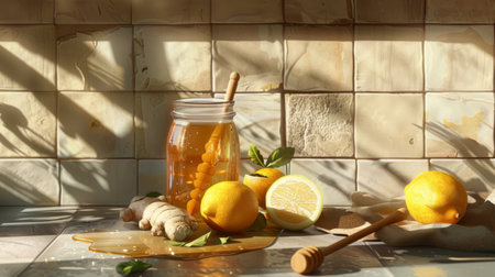 A kitchen scene with a honey jar and various ingredients like lemon and ginger, promoting natural and healthyの素材