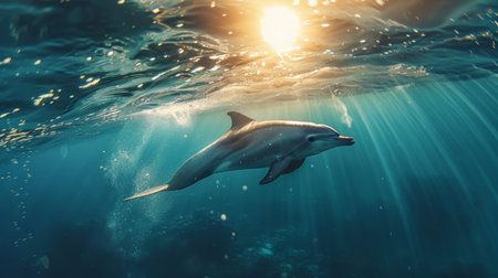 A serene underwater shot of a dolphin gliding through the water, with sunlight filtering through the surface.の素材