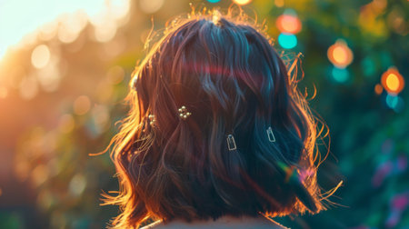 A teenager hair styled with trendy, metallic hair clips for a modern and fashionable look, with a bright and lively background.の素材