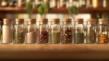 A variety of spice blends in small glass jars, displayed on a wooden shelf with a warm, inviting kitchen background.の素材