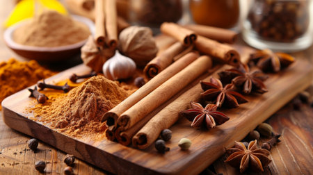 An assortment of whole spices like cinnamon sticks, star anise, and cloves, arranged artistically on a wooden board.の素材