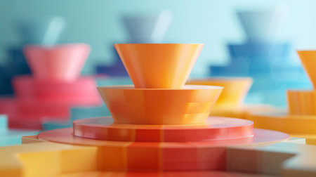 3D funnel chart with segmented sections, representing stages of a process.の素材