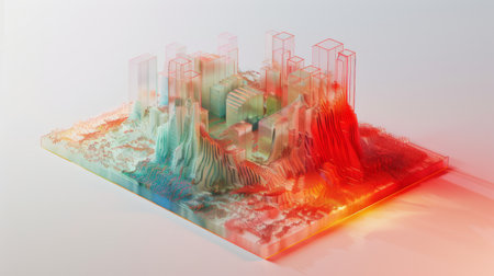 3D heat map with elevated regions, showing customer satisfaction levels across different services.の素材