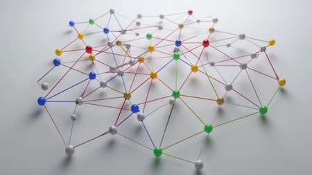 3D network graph with interconnected nodes and edges, illustrating relationships.の素材