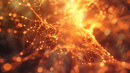 A 3D abstract background with tangled lines and nodes, glowing softly.の素材