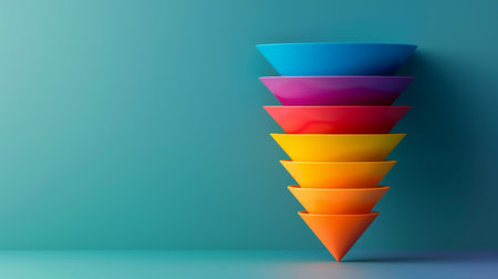 3D funnel chart with segmented sections, representing stages of a process.の素材