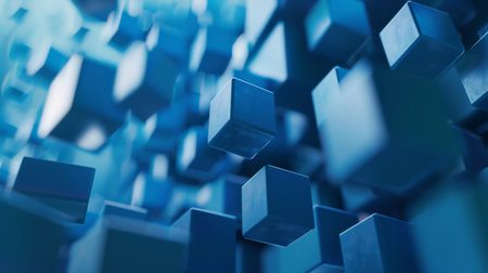 3D abstract cubes in various sizes and shades of blue, floating in space.の素材