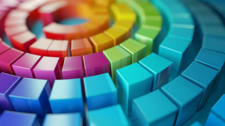 3D circular bar chart with colorful segments, showing data in a radial format.の素材