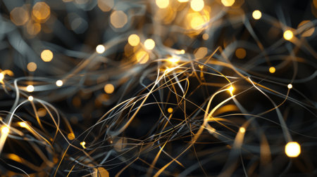 A 3D abstract background with tangled lines and nodes, glowing softly.の素材