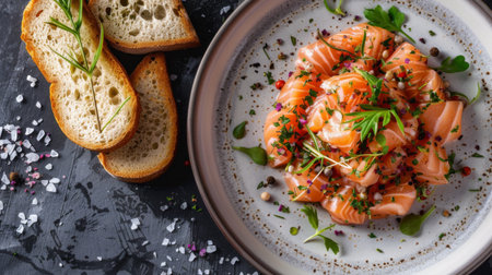 A beautifully presented salmon tartare with herbs and crispy toast on a plate.の素材