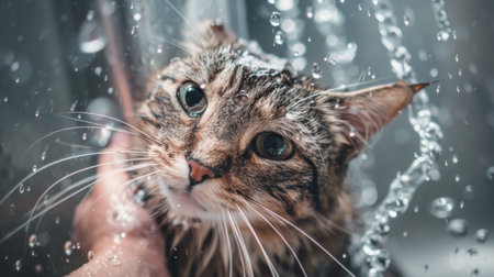 A cat being gently held under a shower stream, looking at the camera.の素材