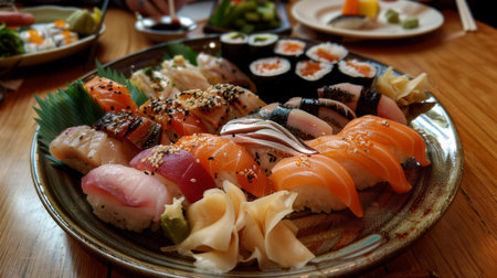 A beautifully presented plate of sushi with various types of fresh fish.の素材