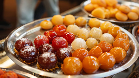 A beautifully arranged platter of assorted Indian sweets like gulab jamun and jalebi.の素材