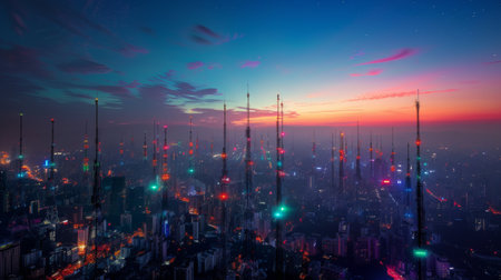 A panoramic view of a city with multiple signal towers lit up in different colors.の素材