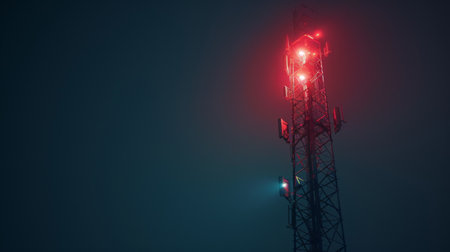 A signal tower with bright white LED lights, illuminating the night.の素材