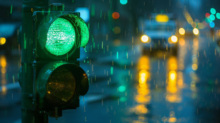 A green traffic light piercing through the rain, illuminating the wet road.の素材