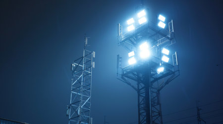 A signal tower with bright white LED lights, illuminating the night.の素材