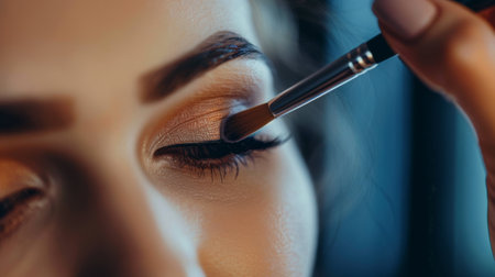 A woman's fingers holding a makeup brush, applying eyeshadow.の素材