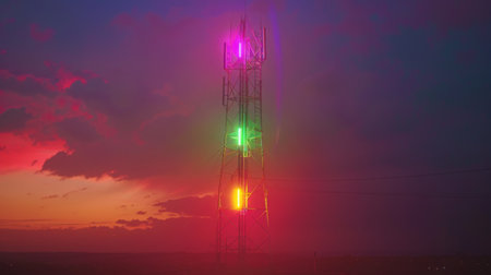 A signal tower with lights creating a rainbow effect, set against a darkening sky.の素材