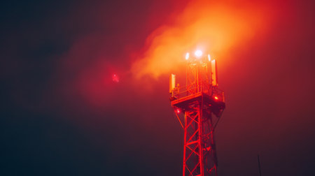 A signal tower bathed in red and orange lights, creating a warm, inviting glow.の素材