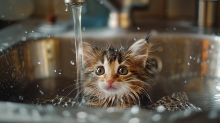 A wet kitten in a sink, with water streaming from a faucet.の素材