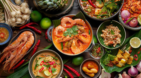 A vibrant Thai food spread featuring Tom Yum Goong alongside other traditional dishes like Pad Thai and spring rolls.の素材