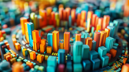 3D area chart with overlapping layers, showing the growth of different business sectors over time.の素材