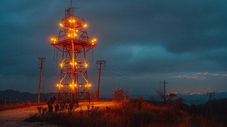 A signal tower covered in warm, golden lights, casting a glow on the surrounding landscape.の素材