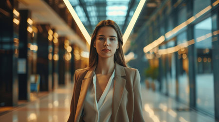 Businesswoman walking through a corporate hallway with a determined look.の素材