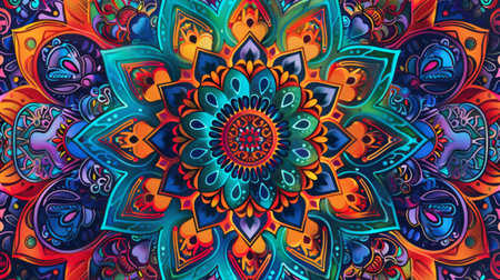 Abstract background with intricate mandala patterns in vibrant, contrasting colors.の素材