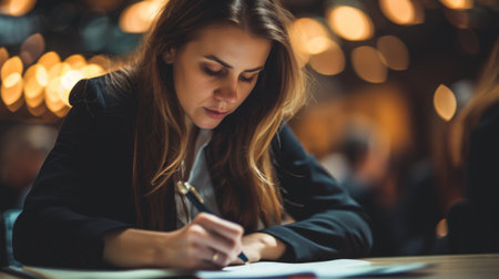 Businesswoman in a professional outfit, taking notes during a meeting.の素材