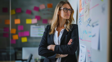 Businesswoman standing in front of a whiteboard, explaining a strategy.の素材