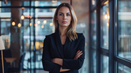 Businesswoman in a modern office, standing confidently with arms crossed.の素材