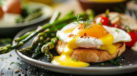 Close-up of a gourmet brunch plate with eggs Benedict, hollandaise sauce, and asparagus.の素材