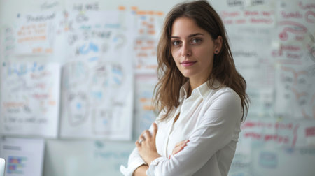 Businesswoman standing in front of a whiteboard, explaining a strategy.の素材