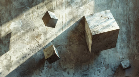 Floating 3D geometric shapes casting shadows on a textured surface.の素材