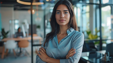Businesswoman in a modern office, standing confidently with arms crossed.の素材