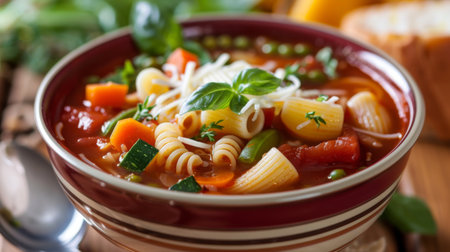 Close-up of a bowl of minestrone soup with vegetables and pasta.の素材