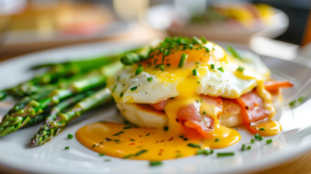 Close-up of a gourmet brunch plate with eggs Benedict, hollandaise sauce, and asparagus.の素材