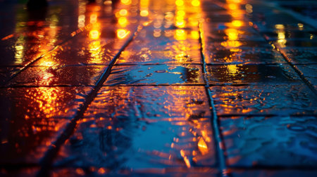 Festival lights reflecting on wet pavement after a light rain.の素材