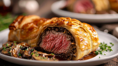 Close-up of a plate of beef Wellington with a flaky pastry crust and mushroom duxellesの素材
