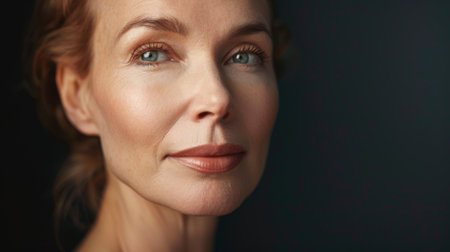 Portrait of a 50-year-old woman with glowing skin and minimal makeup.の素材
