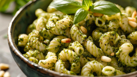 Close-up of a bowl of pesto pasta with fresh basil and pine nutsの素材