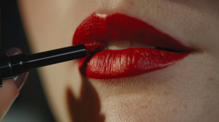 Close-up of a woman's lips as she applies bright red lipstick, showing smooth application.の素材