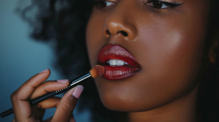 Close-up of a woman holding a lipstick brush near her lips, preparing to apply.の素材