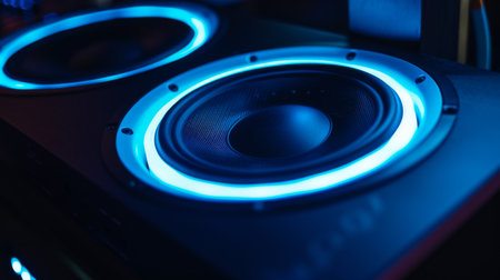 Close-up of a speaker's LED light ring glowing blue in a dark room.の素材